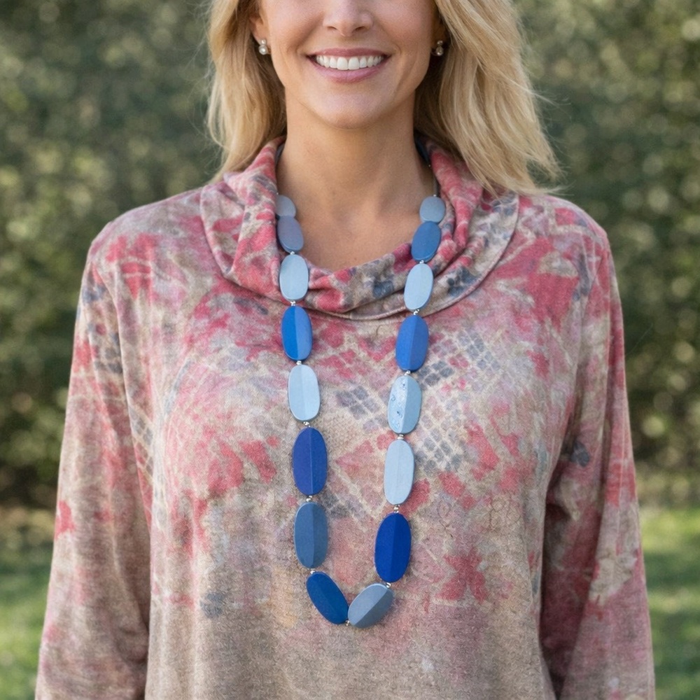 Multi Blue Oval Wooden Bead Necklace Adjustable Cotton Cord 24–46 Inches